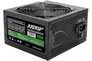 JUSTOP Bloc d'alimentation PC ATX 700 W avec Ventilateur 120 mm et PCI-E 6 + 2 Broches / 6 x SATA / 24 Broches / 4 + 4 Broches 12 V / 3 x MOLEX / 1 x Disquette