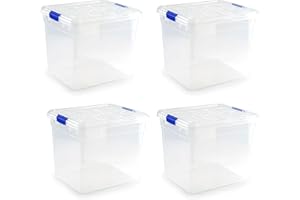 KINGNET Cajas Almacenaje Plástico con Tapa y Cierre a Presión, Cajas Oranizadoras Transparente, Perfecta para Almacenar Ropa, Juguete, Libro y Productos de hogar (Nº17-35Litros, Pack 4 unidades)