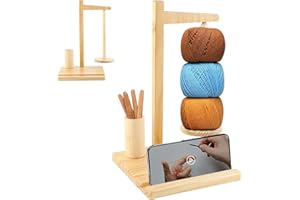 Lvjkes Porta Ovillos de Lana, Porta Bolsas de Lana Giratorio de Madera, Soporte de Lana Magnético Multifuncional con Soporte para Teléfono móvil, Adecuado para Hilo de Crochet y Tejido (Color madera)
