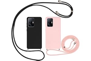 Vauki Funda para Xiaomi 11T/Xiaomi 11T Pro 5G 6.67" con Cuerda[2 Piezas],Suave Silicona Antigolpes Carcasa con Cordón Collar Correa de Cuello Colgante,Ultrafina Sedoso-Tacto Case Cover,Negro y Rosa