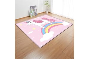 PEIHUODAN Pink Unicorn Rug Play Floor Mats For Kids Cartoon Rainbow Horse Flowers Stars Girls Kids Bedroom Rug Anti-Slip Large Living Room Rug Nursery Rug Baby Crawling Mat Soft (Colour4,120 x 180 cm)