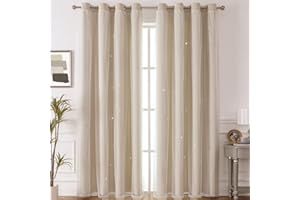 Nyescasa Verdunklungs Vorhänge Kinderzimmer Vorhang Doppellagige Gardienen mit Höhlen Sterne mit Voile Ösenschal für Wohnzimmer Schlafzimmer Mädchen Dekoschal 2er Set 270x150cm(H×B) Beige
