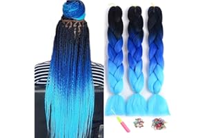 ShowJarlly Box Braid, przedłużanie włosów, 61 cm, czarne/królewski niebieski/błękitny, ombre, Jumbo Braid, 3-pak, syntetyczne przedłużanie włosów, warkocze Jumbo, afro, do szydełkowania, skręconych