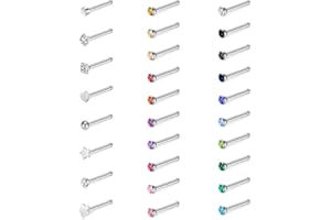 WillTen 30Pcs Straight Nose Studs Silver, 20G Nose Ring Stud Straight or L Shaped Surgical Stainless Steel Small Nose Studs Pin, Tiny Nose Piercing Jewelry Silver Bone Screws Nose Studs for Women