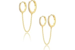 JEWTOP Creolen Silber 925 für Damen, Doppel Piercing Ohrstecker Creolen mit Hängender Kette | Ohrringe Gold mit Zirkonia Silber Schmuck Huggie Creolen Geschenke für Frauen Mädchen Herren