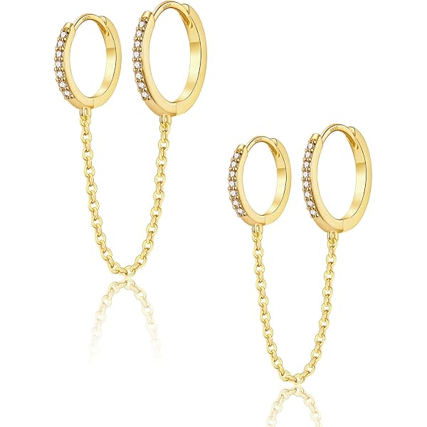 Ohrringe Silber 925 Mit 14K Vergoldung – Doppel-Piercing-Set Mit Kette & Zirkonia