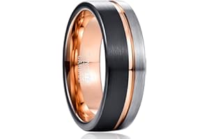 VAKKI Anillo de tungsteno plateado y negro de 8 mm para hombre, anillos de boda de oro rosa con ranura acabado cepillado bordes planos, tamaño N 1/2 - X 1/2