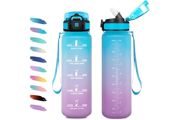 Bouteille 1L, Gourde Sport avec Paille, Gourde Motivation avec Marqueur de Temps, Facile à Nettoyer, Anti-Fuite, & Réutilisable, Bouteille d'eau pour Fitness, Extérieur, Vélo, Randonnée, Camping