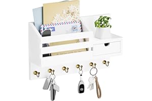 Restorgan Key Rack - Key Rack with 6 Hooks and Storage Drawer, Wall Key Hook, Wall Shelf for Key Fob Organiser, for Entrance, Living Room, Hallway, Office (White)