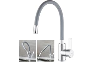 Robinet Cuisine Flexible, Auralum Mitigeur Cuisine Pivotant à 360°, Robinet de Cuisine avec Tuyau en Silicone Flexible, Robinet Evier à Eau Chaude et Froide (Gris)