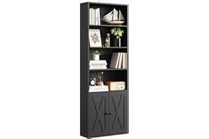 IRONCK Bookcase 6-Tier, Bookshelf with Doors, 180cm Tall Living Room Bookcases, Display Shelf Storage, Freestanding Book Shelf Unit for Home Office, Dinning Room, 60x23.5x180cm (Black)