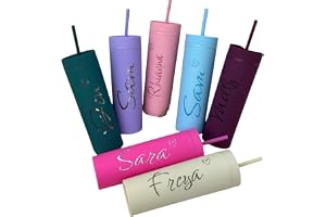 Personalised 16oz 450ml Skinny Cold Cup with Straw & Lid – Custom Reusable Tumbler with Name – BPA-Free Plastic Cup for Iced 