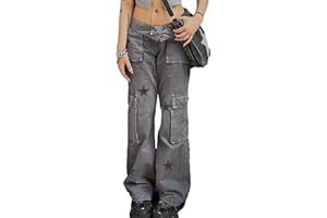 DINGJIUYAN Y2k Streetwear Pockets Up Cargo Jeans Women Grey Star Print Low Rise Gothic Straight Pants Denim Grunge Baggy Jeans Vintage