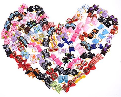 TAONMEISU 50 pcs Handmade Pet Grooming Accessories Mixed Ribbon Hair Bow Dog Rubber Band