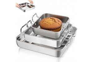 Tebery Set of 3 Square Cake Pan, Deep Stainless Steel Baking Pans with Handle, Nonstick Lasagna Brownie Roasting Pan, Sturdy Bakeware Serving Set for Birthday Wedding, Oven Dishwasher Safe