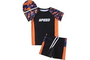 Hotfiary Boys Swimming Costume, Big Kids Swim Trunks & Short Sleeve Rash Guard Shirt & Swim Cap, Two Piece Swimsuit T-Shirt Short Set, Summer Bathing Suit Swimwear for 6 7 8 9 10 11 12 13 14 15 Years