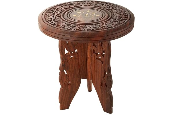Zyvontra Handmade Wooden Round Table Vase Stool with 3 Leg Carving & Brass Folding Design Multipurpose Wooden Stool for Home Strong, Stylish & Lightweight Footrest, Step Stool & Living Room D cor