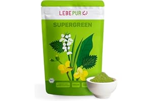 ‎LEBEPUR Lebepur BIO SUPER GREEN Pulver 500g - Pflanzenpulver mit Gerstengras, Weizengras, Spinat, Brennnessel, Grünkohl Chlorella und Spirulina - für Green Smoothie geeignet in Rohkostqualität