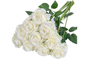 JAONLD 12 Stücke Kunstblumen Seidenblumen Rosen 51 * 7cm Kunstblumen Blätter und Verstellbare Stiele,Realistisch und Weich Künstliche Blumen für DIY Hochzeitsfeier,Valentinstag,Zuhause Dekoration(Weiß)