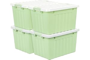Cetomo 15L*4 Storage Boxes with Lids, Plastic Storage Bins with Latching Buckles, Click Closure, Stackable, Nesting, Organizer for Home Office Clothes, Green, 15L-4 Pack