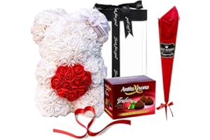 FAMILYCOM. Oso de Rosas, Rosa Roja y Trufas Antiu Xixona. Regalo Original, Navidad, San Valentín, Día de la Madre, Enamorados, Cumpleaños, Regalo Romantico, Aniversario.
