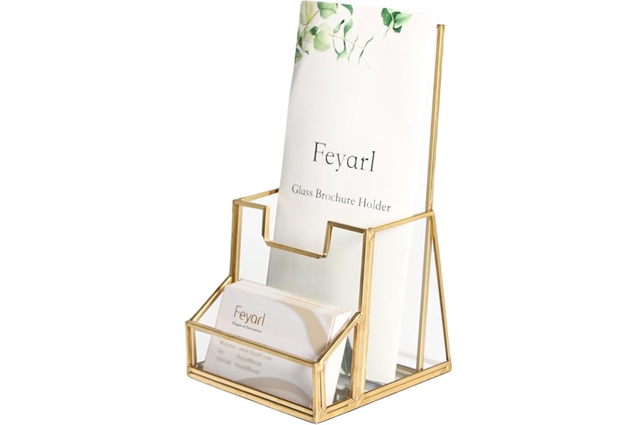 Feyarl Glass Brochure Holder Gold Leaflet Holder Stand Literature Holder Flyer for 4" Trifold Holder Clear Display Stand with Business Card Holder for Brochures Display Countertop