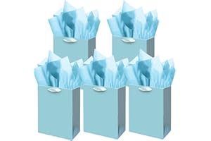 Gcardist Lake Blue Gift Bags with Tissue Paper for Wedding, Birthday, Party Supplies-20x11x24cm Medium Size Cardboard Gift Bags（8x4.3x10Inch,5pcs Bags +15pcs Tissue Paper ）