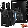LIN ZHI REN Knife Set with Block, 15-Piece Kitchen Knife Set, Built-in Sharpener, Kitchen Knives for Chopping, Slicing, Dicing, Dishwasher-Safe, Black