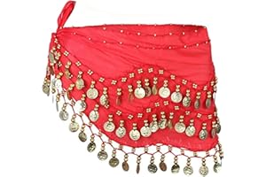 SamHeng Damen Bauchtanz Gürtel Chiffon Hüfttuch, Bauchtanz Münztuch Bauchtanz Münzgürtel Tanztuch Bauchtanz Kostüm mit 128 Münzen für Mädchen Frau für Performance Kostüm Bauchtanz Yoga Kurs