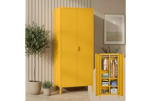 skølm Ituri Metal Wardrobe Mustard Yellow - Wardrobe with 6 Compartments & 2 Clothes Rails - Hallway Wardrobe 80 cm Wide - Bedroom Cabinet Industrial Style - Steel Cabinet for Living Room & Office