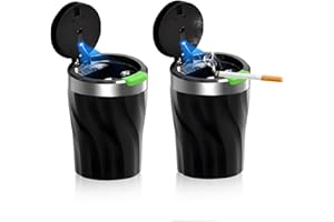 TAIHOBO Aschenbecher Auto, 2 Stück Auto Aschenbecher mit Deckel, Auto Mülleimer mit LED Licht, Aschenbecher für Unterwegs, Tragbarer Edelstahl Automülleimer Großem Fassungsvermögen Abnehmbar