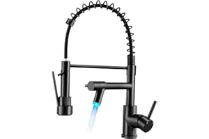 Warmiehomy LED Professional Kitchen Tap，360° Swivel Dual Spouts Kitchen Sink Taps with Pull Out Sprayer,High Arc Spring Mixer Tap for Bar Sink,Black