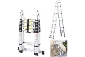 NAIMP 6.2M Extendable Aluminum Ladders, Folding Telescopic Extension (3.1M+3.1M) Tall Loft Ladder, Portable A-Frame 2x10 Steps Loft Ladders, Extension Ladder EN131 DIY Multi Purpose 330lbs/150kg