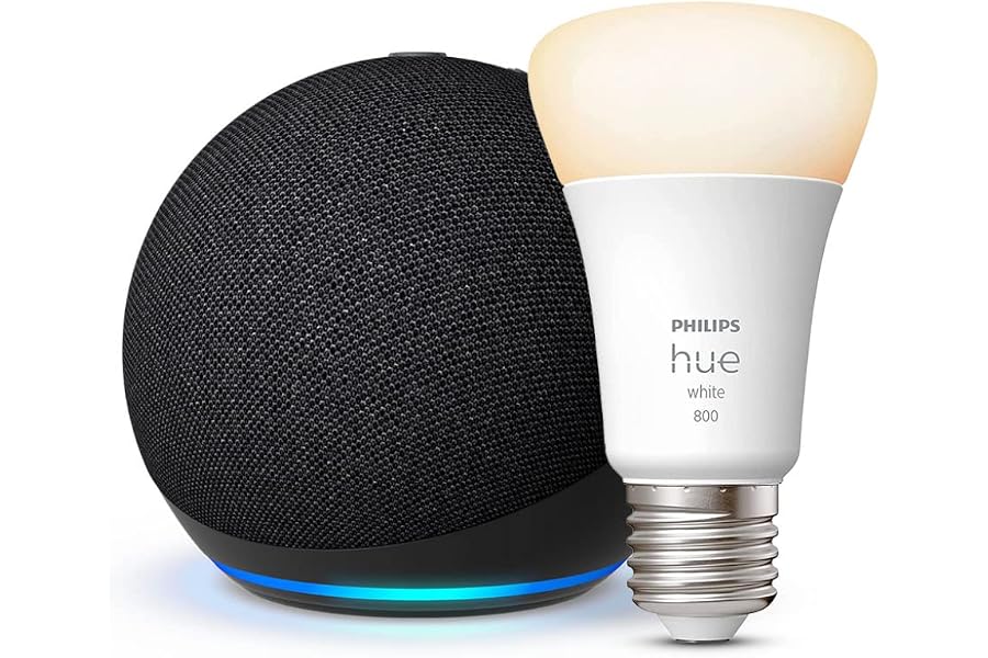 Echo Dot (5. Generation) | Anthrazit + Philips Hue White Smart Bulb (E27), Funktionert mit Alexa - Smart Home-Einsteiger