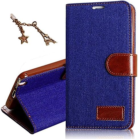 Uming? Denim Fabric Case Cowboy Fabrics Cloth Jeans Denim material PU case for IPhone6Plus IPhone6SPlus IPhone 6Plus 6SPlus Splice Hit color PU-Leather Flip Case with Stander Holder Carrier Credit Card slot Wallet Shell Protective Mobile Cell Phone Case Cover Bag + 1* Anti dust Plug - Mid-Blue