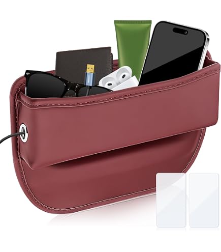 Organizer Auto Fessura Sedile Con Cristalli - Tasca Portaoggetti Universale In Pelle Microfibra E ABS - Porta Cellulare, Portafoglio E Bicchiere - Rosso Lato Passeggero