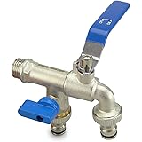 SMARDY Hochwertiger Doppel-Wasserhahn Auslaufhahn 1/2" x3/4" x3/4" - rost-/ frostsicher mit 2X Schlauchanschlüssen für Garten