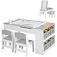COSTWAY 2-in-1 Kids Art Table and Chairs Set, Wooden Toddler Craft Easel Desk with 2-Tier Open Shelf, Storage Bins, Paper Roll and Paint Cups, Children Play Activity Furniture Set