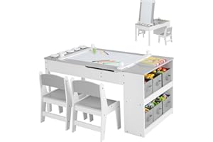 COSTWAY Kids Art Table and Chair Set, Wooden Toddler Craft Easel Desk with 2-Tier Open Shelf, Storage Bins, Paper Roll, Paint Cups, Children Play Activity Furniture