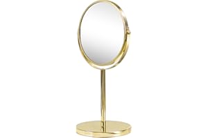 Nadi Collection | Espejo Aumento Maquillaje baño | Metal | Sobremesa | Redondo | Dos Caras Aumento 5X y 1X | para Maquillaje, Afeitado o depilar Cejas | Sin luz | 34.5 x 18.5cm (Oro Brillo)