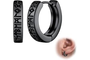Lilbitty 1 paire de boucles d'oreilles nordiques Viking Hoop pour homme - Amulette de protection en acier inoxydable avec runes nordiques - Boucles d'oreilles créoles - Noir