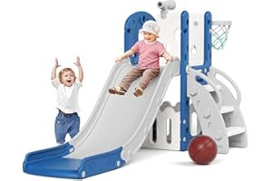 XJD Kids Slide 5 in 1 Toddler Baby Slide, Climber with Basketball Hoop, Telescope, Storage Basket, Garden Climbing Frames for Children Playset Indoor & Outdoor Slide for Children Age 1-3 Blue