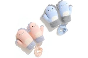 PFLYPF 2 pares de manoplas cálidas para bebés, guantes tejidos de invierno, lindos guantes de dinosaurio, guantes con cuello colgante, adecuados para bebés y niños pequeños de 1 a 3 años. (Azul, rosa)