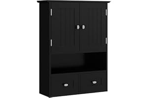 kleankin Armario de Baño de Pared, Armario Colgante, Mueble Suspendido de Baño, 2 Puertas con Cierre Magnético, 2 Cajones y Estante Abierto, para Cocina, Lavadero, 50,8x17,8x66 cm, Negro