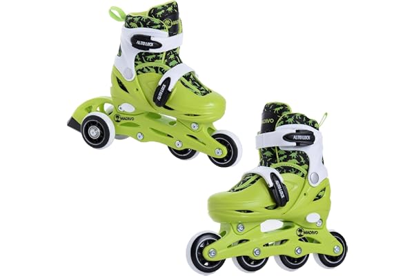 Madivo Dino Set 2 en 1 Rollers / Triskates réglables | Patins à roulettes ABEC-5 | Rollers en ligne convertibles en patins à roulettes | Vert/noir | Tailles : 26-29, 30-33