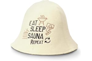 Sauna Guru Sauna Hat 'Eat Sleep Sauna Repeat' White - 100% Organic Wool Felt Hats for Russian Banya - Protect Your Head from Heat - English Sauna eBook Guide Included - with Embroidery