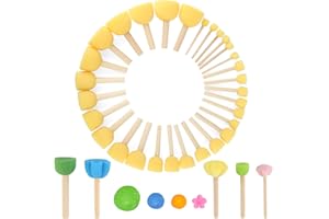 AILUYA 30 Piezas Pincel de Esponja Conjunto (con 5 de Flores de Hongos Palos), Mango de Madera Redonda Pinceles de Espuma, Pinceles Niños para Los de Bricolaje Pintura, Graffiti, Artesanías de Cerámica