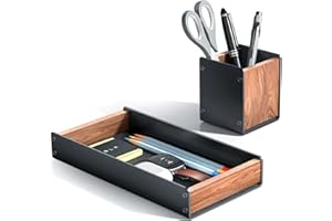 SHUOSUO Taca na biurko z drewna orzechowego z zestawem uchwytów na długopisy, naturalna drewniana i aluminiowa taca biurowa na klucze, długopis, zegarek