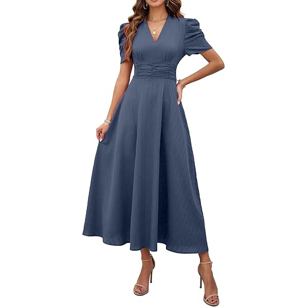 Shasmi Girl's & Women's Solid Color V-Neck A-Line Maxi Dress for Women |  New Year Party Outfit | Waist Cinched Puff Sleeve Western Dress