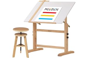MEEDEN Table à Dessin Tableau Blanc et Tabouret: 90 x 60 cm Table de Dessin d'art, Tabouret de Peinture en Bois, Table d'Artisanat avec Hauteur Réglable, Table à Dessin Inclinable pour Adultes